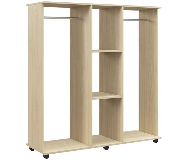 Homcom armario ropero con ruedas, armario abierto colgador con barras para colgar ropa, estantes abiertos, para dormitorio, 120x40x128 cm, natural