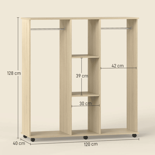 HOMCOM Roupeiro de Madeira Móvel Armário Roupeiro Aberto com 2 Barras para Pendurar e 3 Prateleiras Organizadoras para Dormitório 120x40x128 cm Madeira HOMCOM Roupeiro de Madeira Móvel Armário Roupeiro Aberto com 2 Barras para Pendurar e 3 Prateleiras Organizadoras para Dormitório 120x40x128 cm Madeira