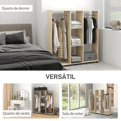 HOMCOM Roupeiro de Madeira Móvel Armário Roupeiro Aberto com 2 Barras para Pendurar e 3 Prateleiras Organizadoras para Dormitório 120x40x128 cm Madeira HOMCOM Roupeiro de Madeira Móvel Armário Roupeiro Aberto com 2 Barras para Pendurar e 3 Prateleiras Organizadoras para Dormitório 120x40x128 cm Madeira