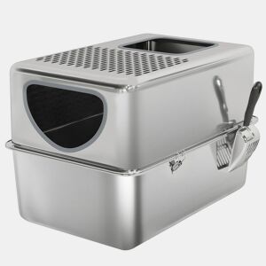 PawHut Caixa de Areia para Gatos em Aço Inoxidável XL Caixa de Areia para Gatos com Pá Aberturas Duplas Fácil de Limpar 60x39,6x40,1 cm Prateado