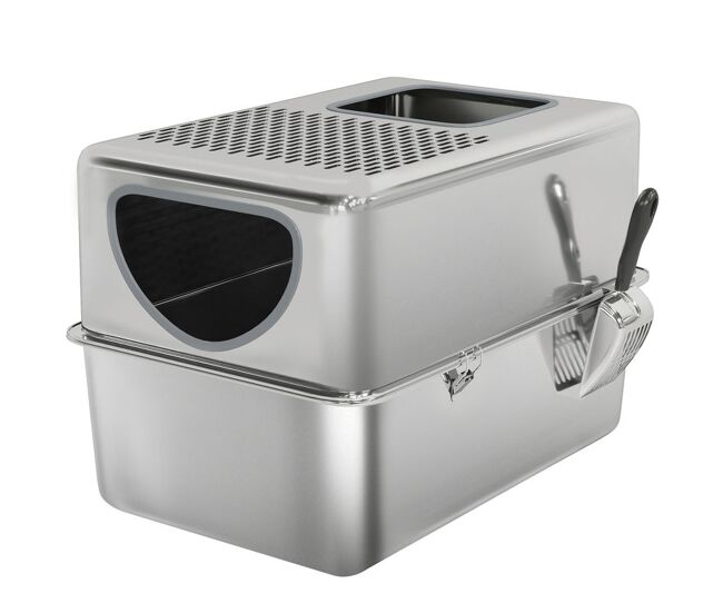 Pawhut arenero para gatos de acero inoxidable xl caja de arena para gatos arenero con pala aberturas dobles fácil de limpiar plata