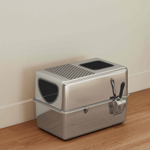 PawHut Caixa de Areia para Gatos em Aço Inoxidável XL Caixa de Areia para Gatos com Pá Aberturas Duplas Fácil de Limpar 60x39,6x40,1 cm Prateado