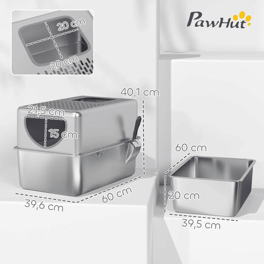 PawHut Caixa de Areia para Gatos em Aço Inoxidável XL Caixa de Areia para Gatos com Pá Aberturas Duplas Fácil de Limpar 60x39,6x40,1 cm Prateado