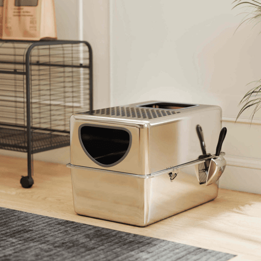 PawHut Caixa de Areia para Gatos em Aço Inoxidável XL Caixa de Areia para Gatos com Pá Aberturas Duplas Fácil de Limpar 60x39,6x40,1 cm Prateado