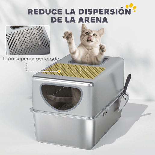 PawHut Caixa de Areia para Gatos em Aço Inoxidável XL Caixa de Areia para Gatos com Pá Aberturas Duplas Fácil de Limpar 60x39,6x40,1 cm Prateado