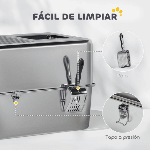PawHut Caixa de Areia para Gatos em Aço Inoxidável XL Caixa de Areia para Gatos com Pá Aberturas Duplas Fácil de Limpar 60x39,6x40,1 cm Prateado