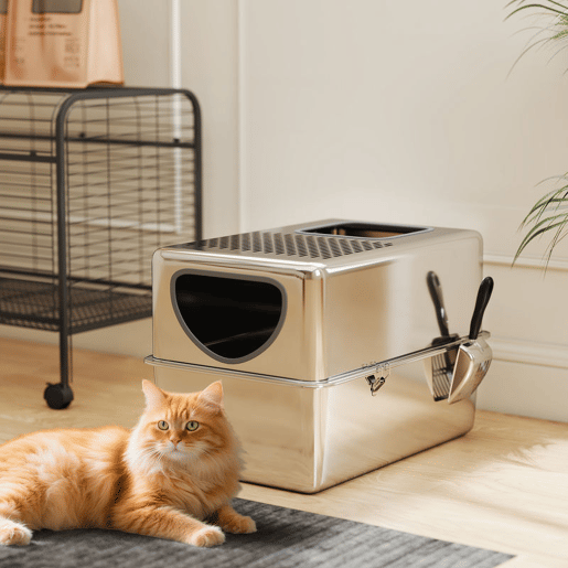 PawHut Caixa de Areia para Gatos em Aço Inoxidável XL Caixa de Areia para Gatos com Pá Aberturas Duplas Fácil de Limpar 60x39,6x40,1 cm Prateado