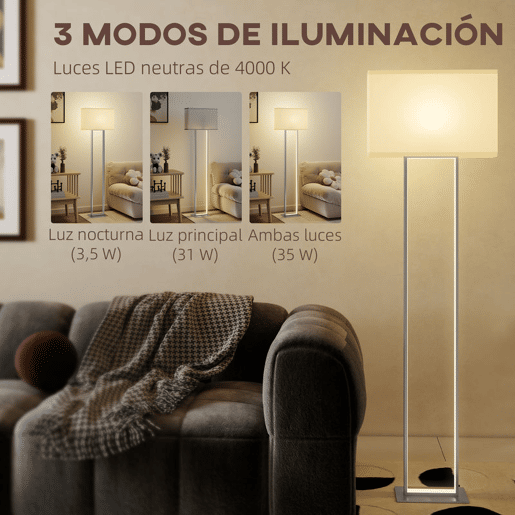 HOMCOM Candeeiro de Pé Moderno 150 cm Candeeiro de Pé para Sala de Estar com Ecrã de Tecido Luz Noturna Interruptor de Pé e Base Metálica para Dormitório Escritório Sala de Estar 45x15x150 cm Branco