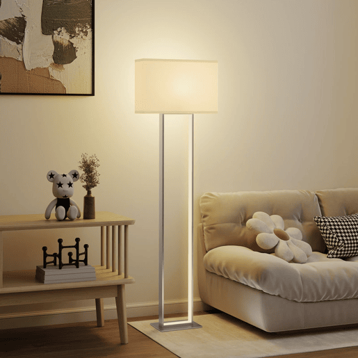 HOMCOM Candeeiro de Pé Moderno 150 cm Candeeiro de Pé para Sala de Estar com Ecrã de Tecido Luz Noturna Interruptor de Pé e Base Metálica para Dormitório Escritório Sala de Estar 45x15x150 cm Branco
