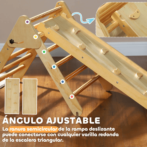 AIYAPLAY Triângulo de Escalada de Madeira 2 em 1 Escalada para Crianças de 18-48 Meses com Rampa para Deslizar ou Escalar 147x64,5x63 cm Madeira