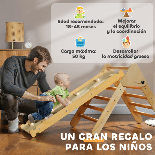 AIYAPLAY Triângulo de Escalada de Madeira 2 em 1 Escalada para Crianças de 18-48 Meses com Rampa para Deslizar ou Escalar 147x64,5x63 cm Madeira
