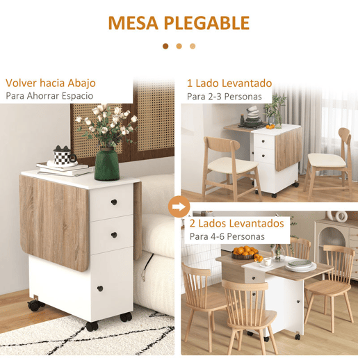 HOMCOM Mesa de Refeição Dobrável com Rodas Mesa Abatível com 2 Gavetas e Armário Mesa Auxiliar Multifuncional para Estúdio Cozinha 120x60x76,5 cm Branco