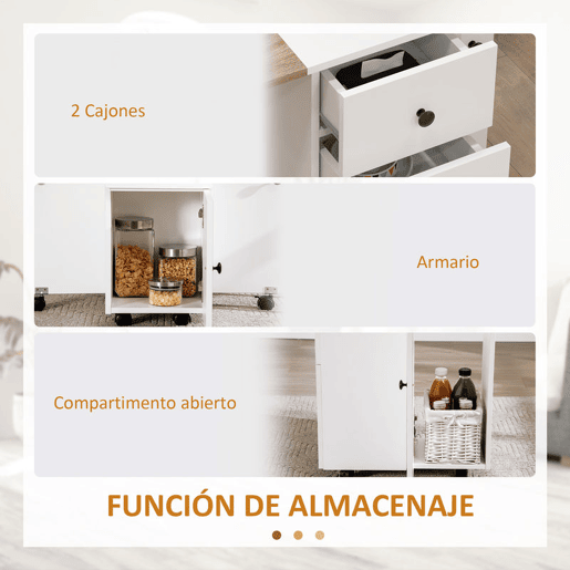 HOMCOM Mesa de Refeição Dobrável com Rodas Mesa Abatível com 2 Gavetas e Armário Mesa Auxiliar Multifuncional para Estúdio Cozinha 120x60x76,5 cm Branco