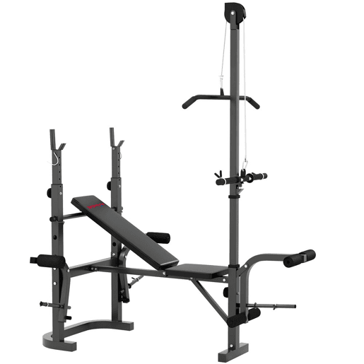 SPORTNOW Banco de Musculação Multifuncional Inclinável Banco de Pesos com Suporte para Barra Ajustável Extensão de Pernas Curl e Borboleta para Treino em Casa e Ginásio 106x155x202 cm Preto