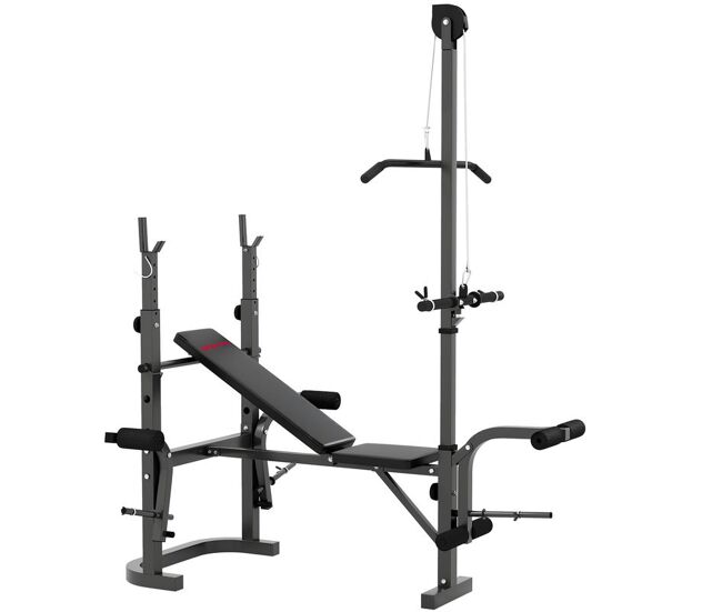 Sportnow banco de musculación multifuncional inclinable, banco de pesas, press banca con soporte barra ajustable, barra tracción desmontable, extensión piernas, curl predicador, mariposa casa gimnasio
