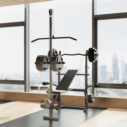 SPORTNOW Banco de Musculação Multifuncional Inclinável Banco de Pesos com Suporte para Barra Ajustável Extensão de Pernas Curl e Borboleta para Treino em Casa e Ginásio 106x155x202 cm Preto