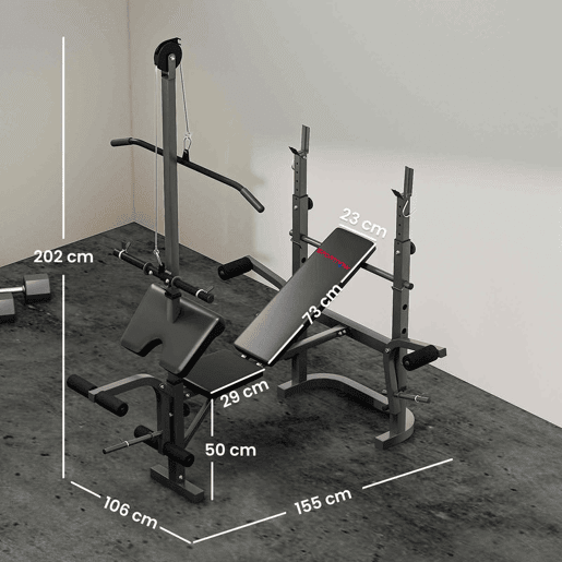 SPORTNOW Banco de Musculação Multifuncional Inclinável Banco de Pesos com Suporte para Barra Ajustável Extensão de Pernas Curl e Borboleta para Treino em Casa e Ginásio 106x155x202 cm Preto