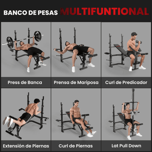 SPORTNOW Banco de Musculação Multifuncional Inclinável Banco de Pesos com Suporte para Barra Ajustável Extensão de Pernas Curl e Borboleta para Treino em Casa e Ginásio 106x155x202 cm Preto