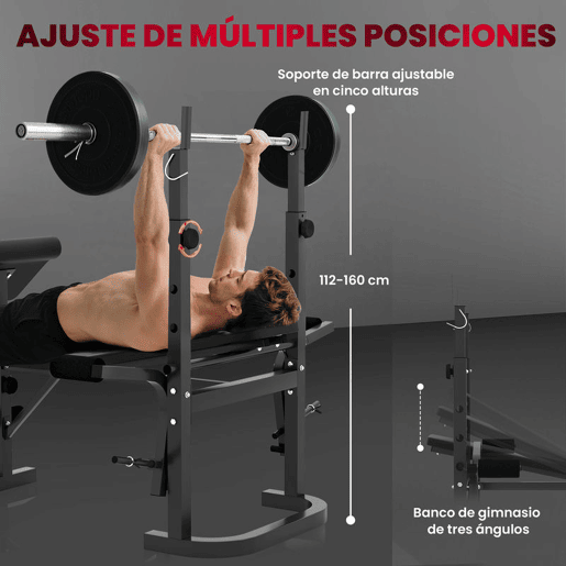 SPORTNOW Banco de Musculação Multifuncional Inclinável Banco de Pesos com Suporte para Barra Ajustável Extensão de Pernas Curl e Borboleta para Treino em Casa e Ginásio 106x155x202 cm Preto