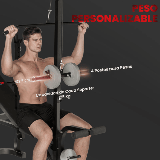SPORTNOW Banco de Musculação Multifuncional Inclinável Banco de Pesos com Suporte para Barra Ajustável Extensão de Pernas Curl e Borboleta para Treino em Casa e Ginásio 106x155x202 cm Preto