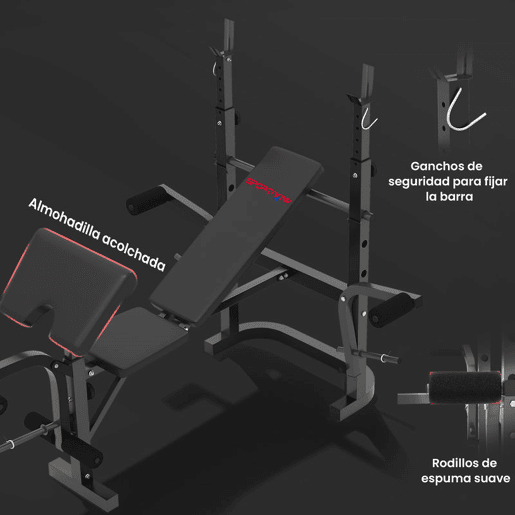 SPORTNOW Banco de Musculação Multifuncional Inclinável Banco de Pesos com Suporte para Barra Ajustável Extensão de Pernas Curl e Borboleta para Treino em Casa e Ginásio 106x155x202 cm Preto