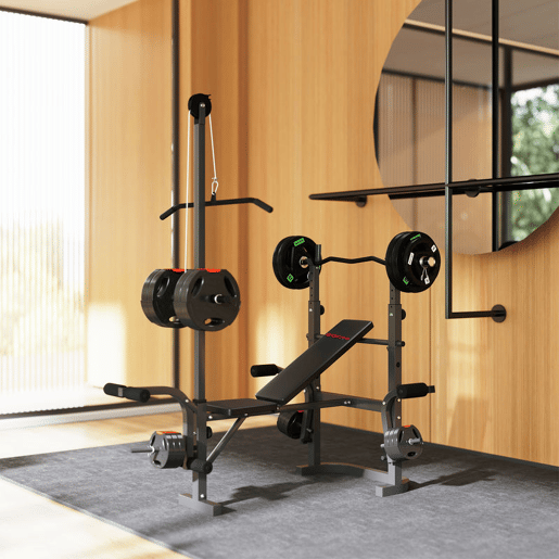 SPORTNOW Banco de Musculação Multifuncional Inclinável Banco de Pesos com Suporte para Barra Ajustável Extensão de Pernas Curl e Borboleta para Treino em Casa e Ginásio 106x155x202 cm Preto