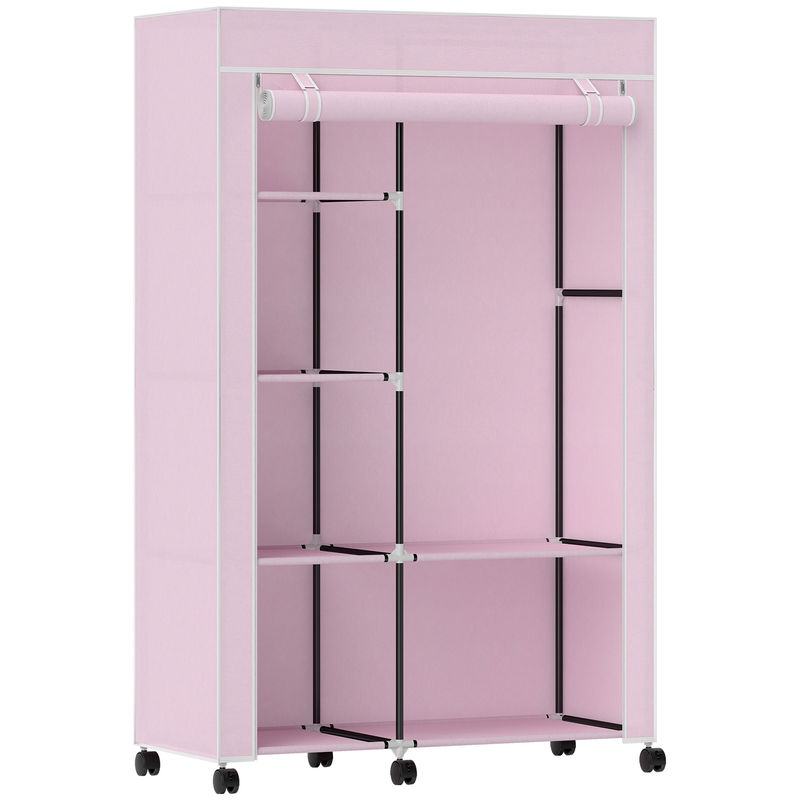 Homcom armario de tela con ruedas, armario portátil, con barra para colgar, 6 estantes, marco de acero, para dormitorio, vestidor, 103x43x162,5 cm,