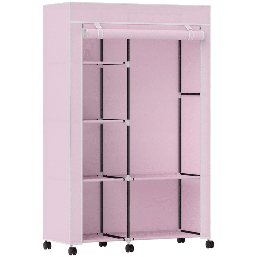 HOMCOM Roupeiro de Tecido Dobrável Armário de Roupa Portátil com 6 Prateleiras 1 Barra de Pendurar e Rodas para Dormitório Vestidor 103x43x162,5 cm Rosa