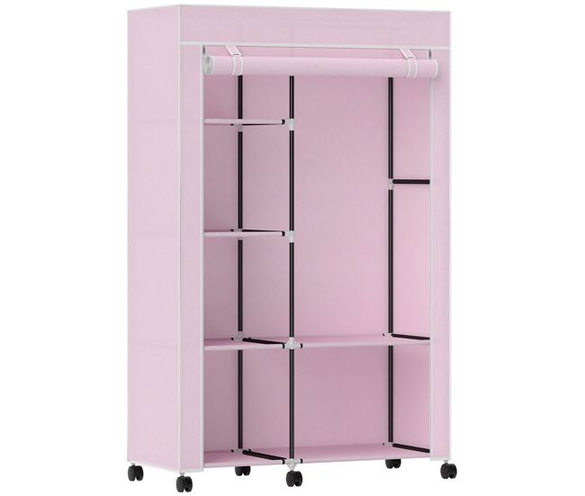 Homcom armario de tela con ruedas, armario portátil, con barra para colgar, 6 estantes, marco de acero, para dormitorio, vestidor, 103x43x162,5 cm,