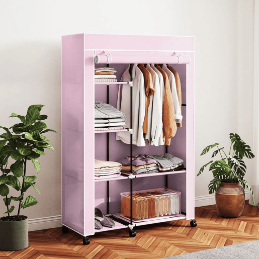 HOMCOM Roupeiro de Tecido Dobrável Armário de Roupa Portátil com 6 Prateleiras 1 Barra de Pendurar e Rodas para Dormitório Vestidor 103x43x162,5 cm Rosa