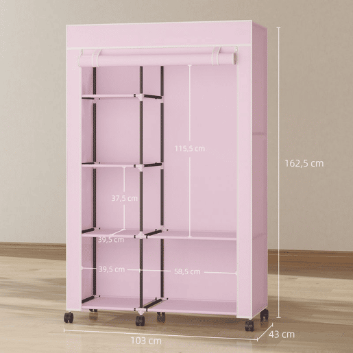 HOMCOM Roupeiro de Tecido Dobrável Armário de Roupa Portátil com 6 Prateleiras 1 Barra de Pendurar e Rodas para Dormitório Vestidor 103x43x162,5 cm Rosa