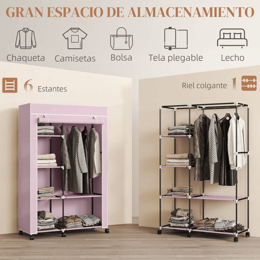 HOMCOM Roupeiro de Tecido Dobrável Armário de Roupa Portátil com 6 Prateleiras 1 Barra de Pendurar e Rodas para Dormitório Vestidor 103x43x162,5 cm Rosa