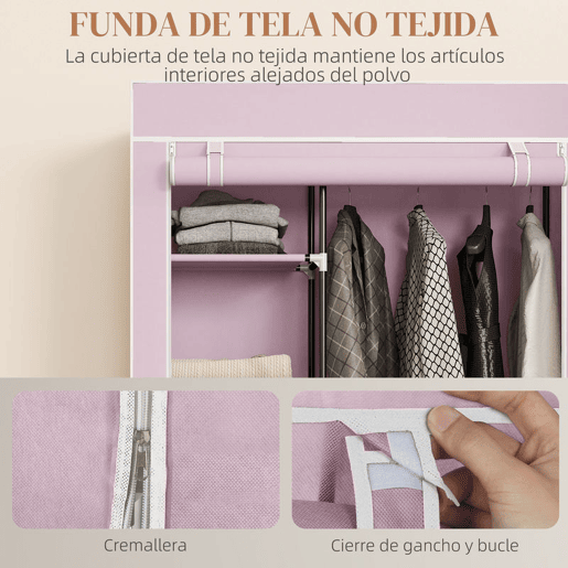 HOMCOM Roupeiro de Tecido Dobrável Armário de Roupa Portátil com 6 Prateleiras 1 Barra de Pendurar e Rodas para Dormitório Vestidor 103x43x162,5 cm Rosa