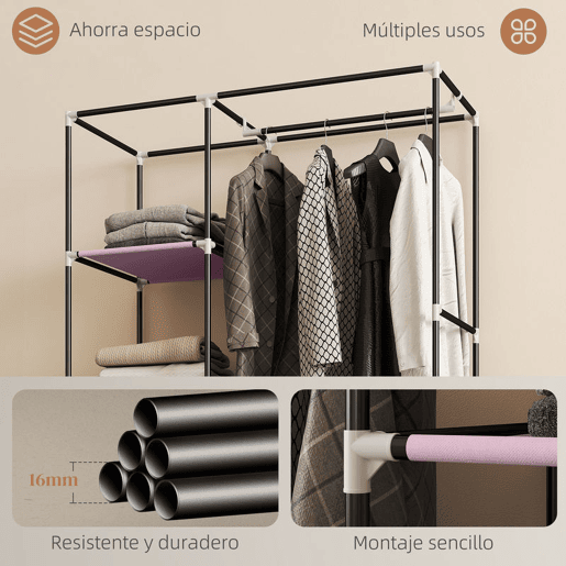 HOMCOM Roupeiro de Tecido Dobrável Armário de Roupa Portátil com 6 Prateleiras 1 Barra de Pendurar e Rodas para Dormitório Vestidor 103x43x162,5 cm Rosa