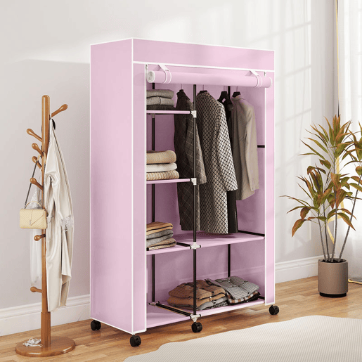 HOMCOM Roupeiro de Tecido Dobrável Armário de Roupa Portátil com 6 Prateleiras 1 Barra de Pendurar e Rodas para Dormitório Vestidor 103x43x162,5 cm Rosa