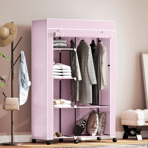 HOMCOM Roupeiro de Tecido Dobrável Armário de Roupa Portátil com 6 Prateleiras 1 Barra de Pendurar e Rodas para Dormitório Vestidor 103x43x162,5 cm Rosa