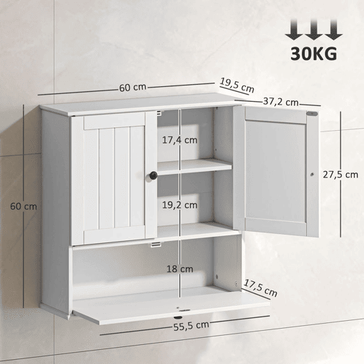 HOMCOM Armário Casa de Banho de Parede Móvel Rústico com Prateleira Ajustável Dupla Porta Porta Basculante e Fecho Magnético para Cozinha Lavandaria sobre o Vaso Sanitário 60x19,5x60 cm Branco