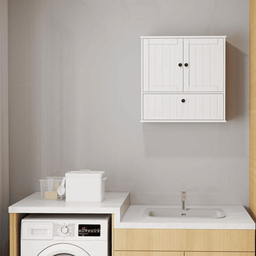 HOMCOM Armário Casa de Banho de Parede Móvel Rústico com Prateleira Ajustável Dupla Porta Porta Basculante e Fecho Magnético para Cozinha Lavandaria sobre o Vaso Sanitário 60x19,5x60 cm Branco