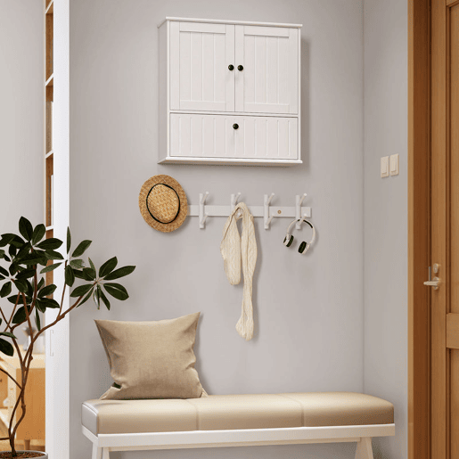 HOMCOM Armário Casa de Banho de Parede Móvel Rústico com Prateleira Ajustável Dupla Porta Porta Basculante e Fecho Magnético para Cozinha Lavandaria sobre o Vaso Sanitário 60x19,5x60 cm Branco