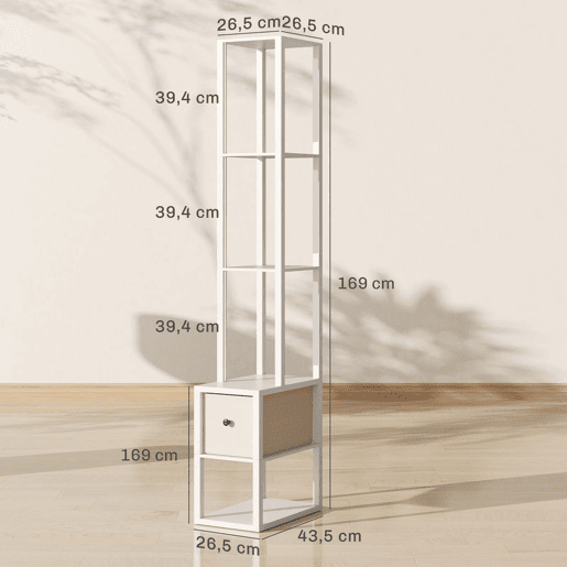 HOMCOM Candeeiro de Pé Moderno 169 cm com Prateleiras Abertas Candeeiro de Pé para Sala de Estar com Gaveta de Tecido e Interruptor de Pé Branco