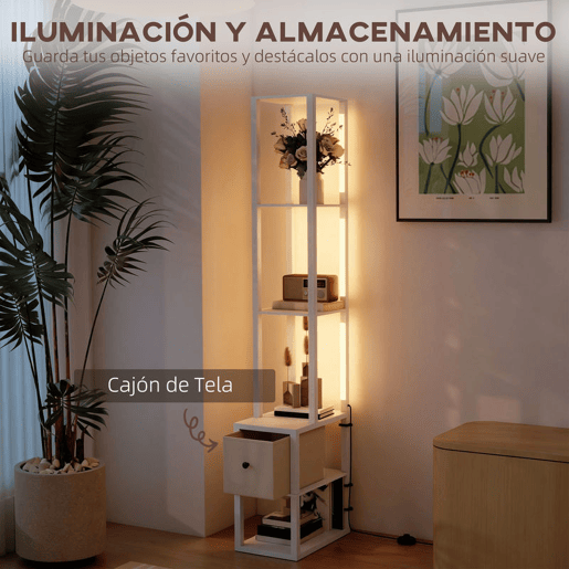 HOMCOM Candeeiro de Pé Moderno 169 cm com Prateleiras Abertas Candeeiro de Pé para Sala de Estar com Gaveta de Tecido e Interruptor de Pé Branco