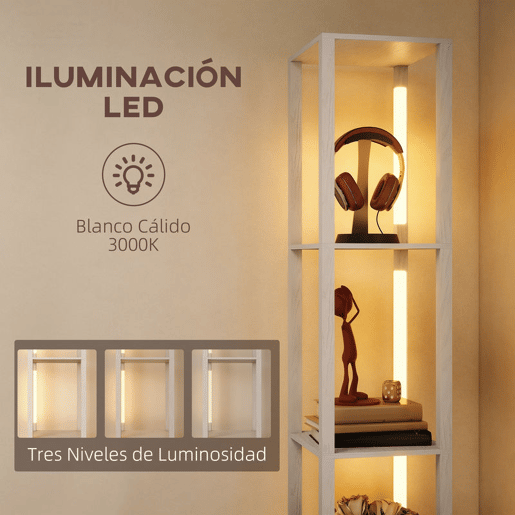 HOMCOM Candeeiro de Pé Moderno 169 cm com Prateleiras Abertas Candeeiro de Pé para Sala de Estar com Gaveta de Tecido e Interruptor de Pé Branco