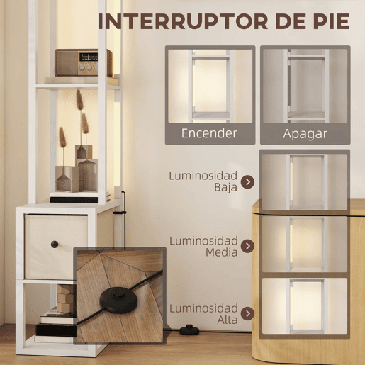 HOMCOM Candeeiro de Pé Moderno 169 cm com Prateleiras Abertas Candeeiro de Pé para Sala de Estar com Gaveta de Tecido e Interruptor de Pé Branco