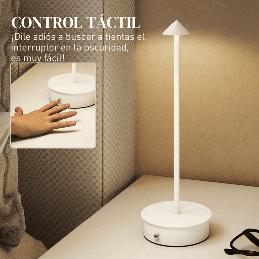 HOMCOM Conjunto de 2 Candeeiros de Mesa Recarregáveis por USB Reguláveis com Controlo Táctil 3000K4500K6500K Luz LED Incluída para Quarto Sala ou Escritório Ø10x30 cm Branco