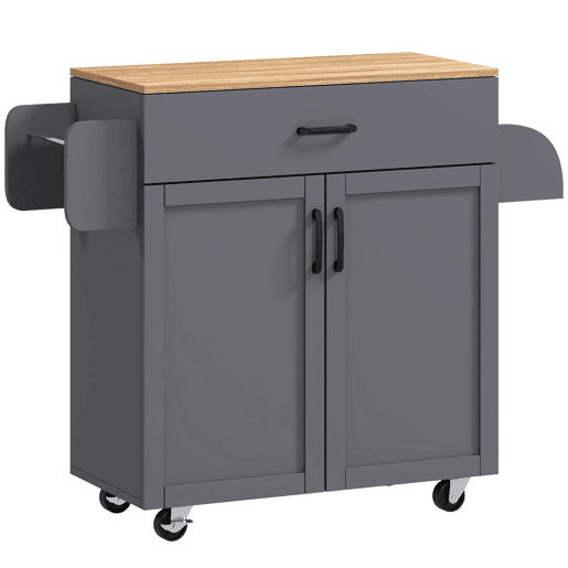 HOMCOM Ilha de Cozinha com 1 Gaveta 2 Portas Suporte para Panos e Especies Carrinho Auxiliar com Rodas para Sala de Jantar Carga Máxima 105x36x85 cm Cinza