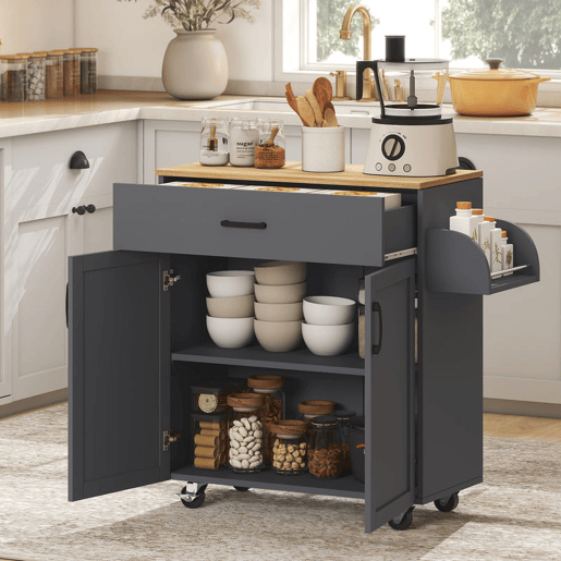 HOMCOM Ilha de Cozinha com 1 Gaveta 2 Portas Suporte para Panos e Especies Carrinho Auxiliar com Rodas para Sala de Jantar Carga Máxima 105x36x85 cm Cinza