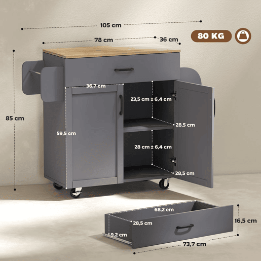 HOMCOM Ilha de Cozinha com 1 Gaveta 2 Portas Suporte para Panos e Especies Carrinho Auxiliar com Rodas para Sala de Jantar Carga Máxima 105x36x85 cm Cinza