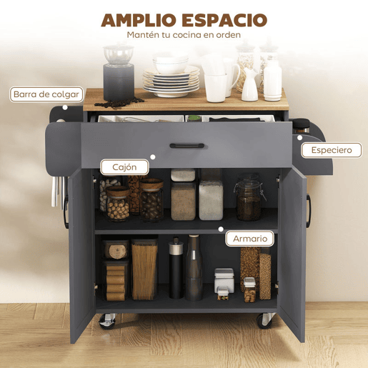 HOMCOM Ilha de Cozinha com 1 Gaveta 2 Portas Suporte para Panos e Especies Carrinho Auxiliar com Rodas para Sala de Jantar Carga Máxima 105x36x85 cm Cinza