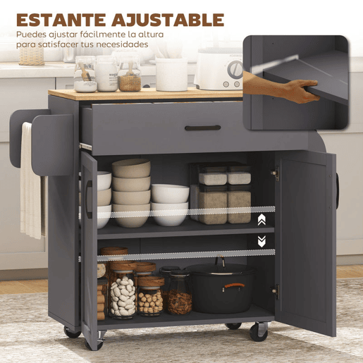 HOMCOM Ilha de Cozinha com 1 Gaveta 2 Portas Suporte para Panos e Especies Carrinho Auxiliar com Rodas para Sala de Jantar Carga Máxima 105x36x85 cm Cinza
