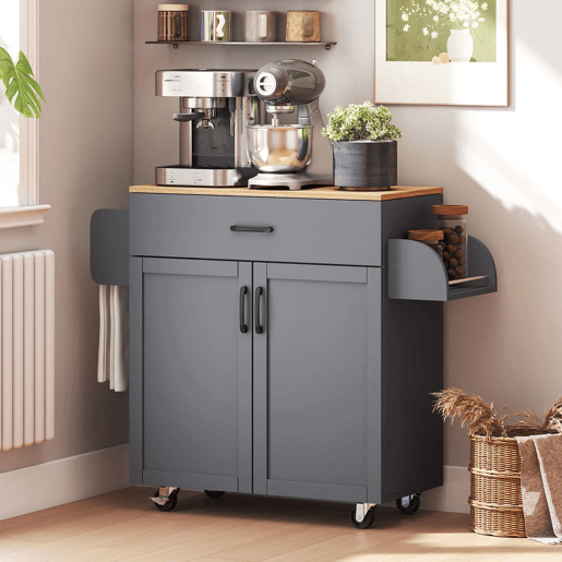 HOMCOM Ilha de Cozinha com 1 Gaveta 2 Portas Suporte para Panos e Especies Carrinho Auxiliar com Rodas para Sala de Jantar Carga Máxima 105x36x85 cm Cinza